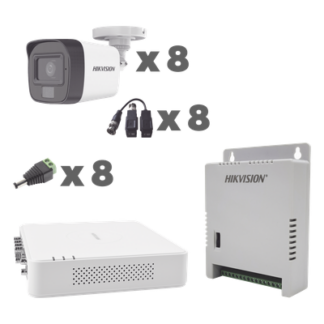 Kit TurboHD / DVR 8 Canales / Audio por Coaxitron / 8 Cámaras 1080p / Micrófono Integrado / Luz Blanca + IR / Fuente Ajustable 12-15 V