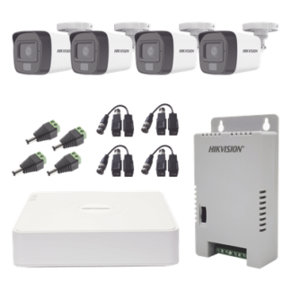 Kit de Videovigilancia TURBOHD / DVR 4 Canales Pentahíbrido / 4 Cámaras Bala 1080p / Audio por Coaxitron / Luz Dual 20 m (65.6 ft) Blanca + 30 m (98.4 ft) IR / IP67 / Fuente 12V/13.5V/15V Seleccionable