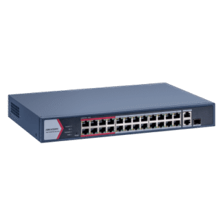 Switch Gigabit PoE+ / Monitoreable / 24 Puertos 1000 Mbps PoE+ / 1 Puerto 1000 Mbps de Uplink / 1 Puerto SFP /  Configuración Nube desde Hik-PartnerPro / Modo Extendido hasta 300 Metros / 230 Watts