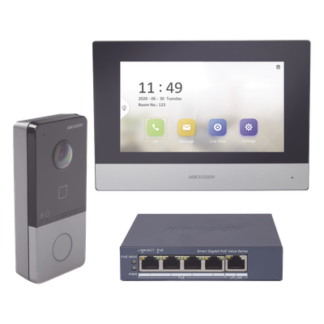 Kit de Videoportero IP / Pantalla Táctil 7" / Cámara 1080p / IR Nocturno 3 m (9.8 ft) / IP65 / PoE / Apertura MIFARE / App Móvil