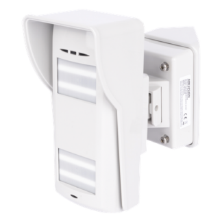 Detector Dual-Tech Inalámbrico para Exterior / Microondas + 2 PIR / Inmunidad Mascotas 35 kg / Montaje Ajustable ±45° / Cobertura 90° con Adaptador / 2 Baterías Litio 3V 4700 mAh