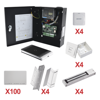 Kit de Control de Acceso por Tarjeta / 4 Puertas / 10,000 Tarjetas / 50,000 Eventos / Gabinete Metálico / 12VCC 8A / -20°C a 65°C / 11.2 x 9.3 x 2.7 pulgadas