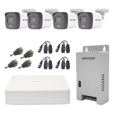 Kit de Videovigilancia TURBOHD / DVR 4 Canales Pentahíbrido / 4 Cámaras Bala 1080p / Audio por Coaxitron / Luz Dual 20 m (65.6 ft) Blanca + 30 m (98.4 ft) IR / IP67 / Fuente 12V/13.5V/15V Seleccionable